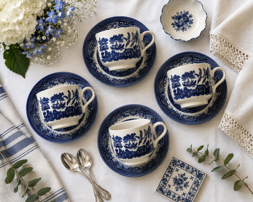 Churchill England Blue Willow Cup & Saucer Set of 4